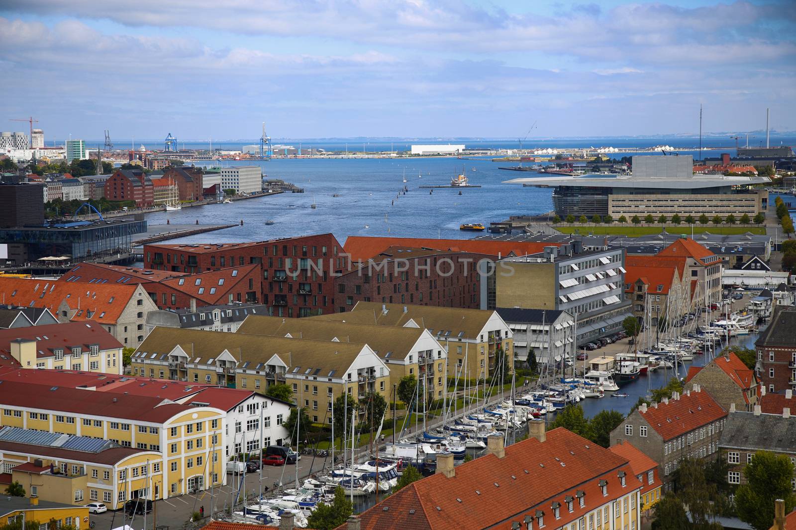 Panoramic view of Copenhagen from church Vor Frelsers Kirke in Copenhagen, Denmark