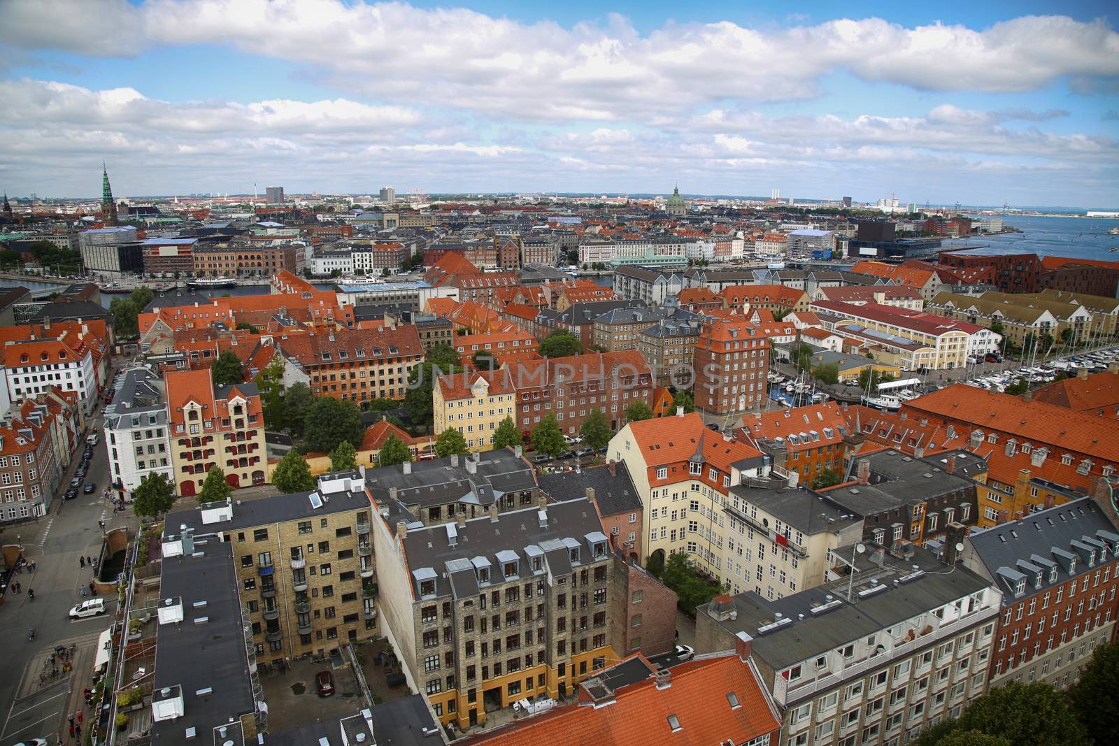 Panoramic view of Copenhagen from church Vor Frelsers Kirke in Copenhagen, Denmark