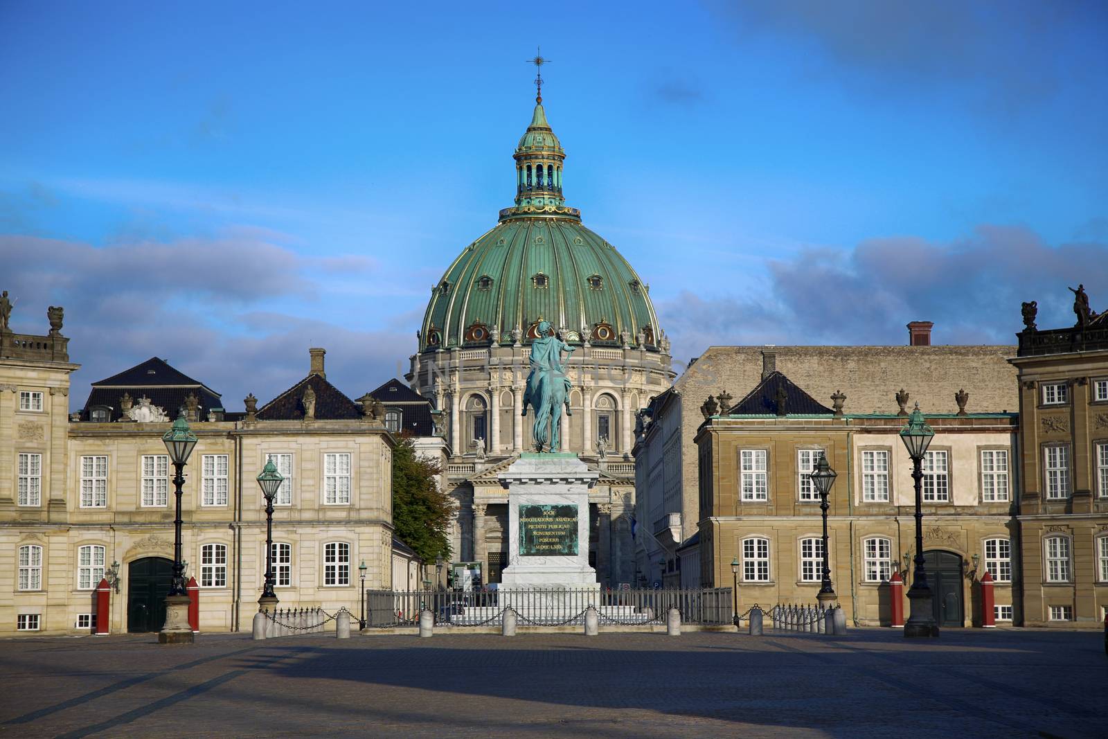 Frederik's Church (Danish: Frederiks Kirke) and Sculpture of Frederik V on Horseback in Amalienborg Square in Copenhagen, Denmark