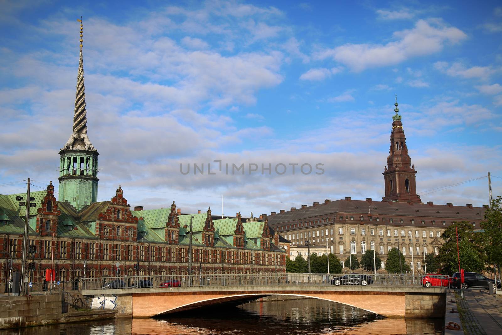 Morning view on Christiansborg Palace and The Borsen, Oldest Building in Slotsholmen, Copenhagen, Denmark