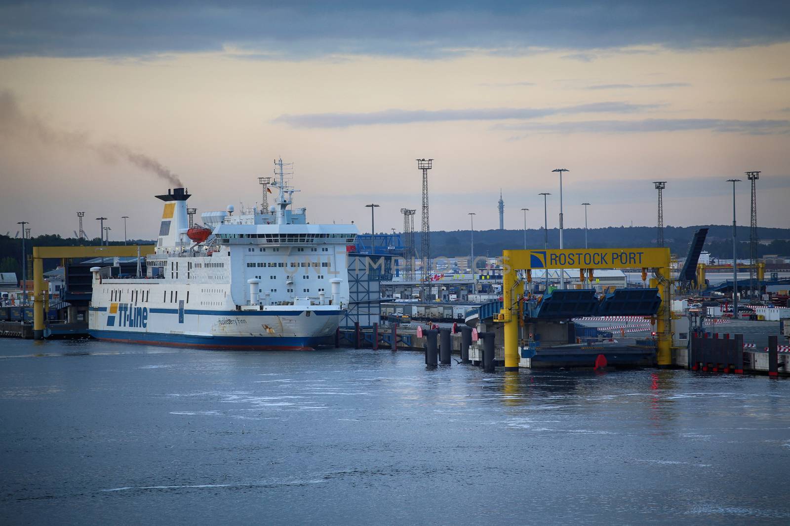 ROSTOCK, GERMANY - AUGUST 14, 2016: Shipping line rostock-gedser ferry in the seaport of Rostock. Rostock is Germany's largest Baltic port in Rostock, Germany on August 14, 2016.