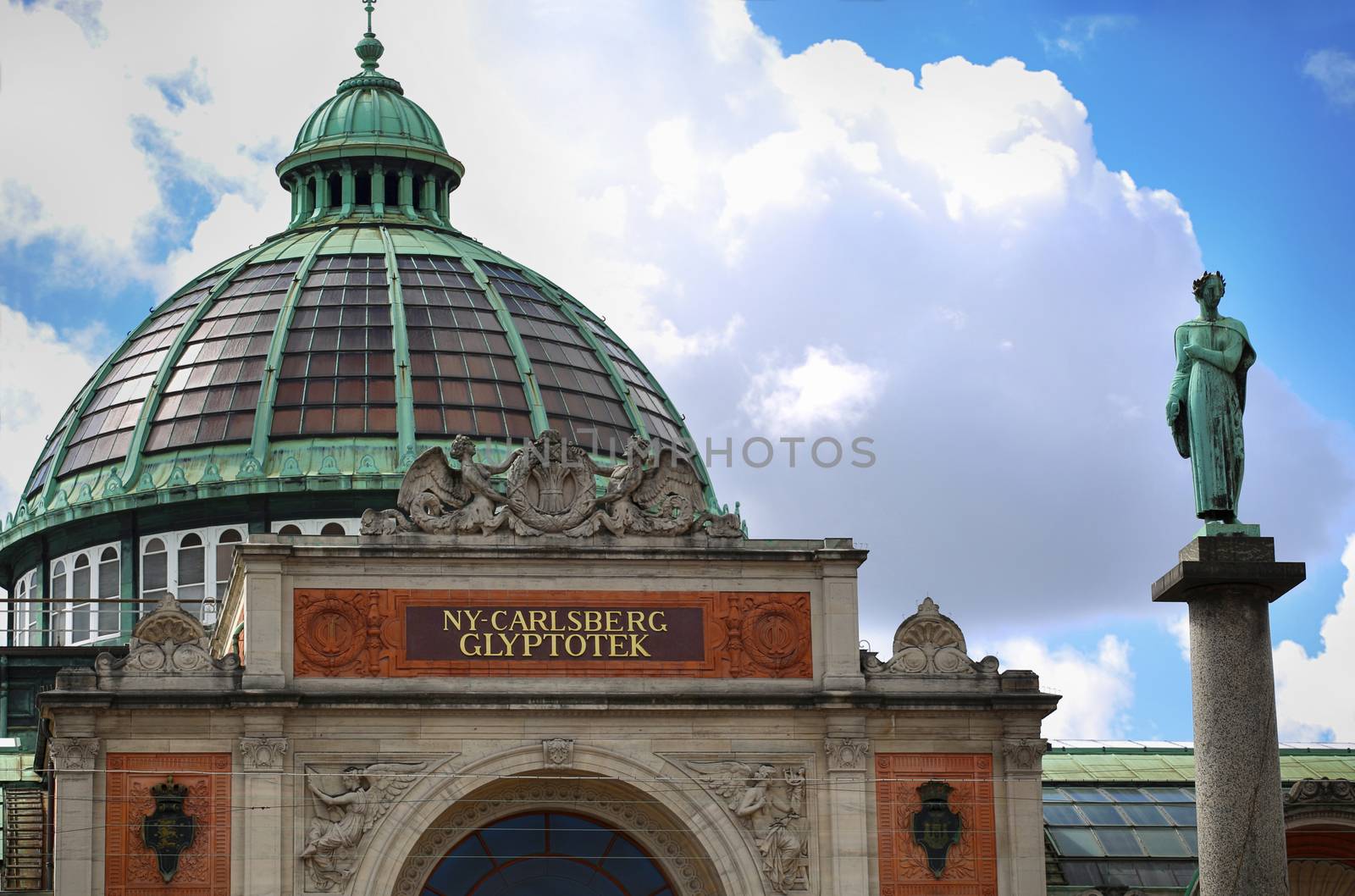 COPENHAGEN, DENMARK - AUGUST 14, 2016:  Art museum in Copenhagen Ny Carlsberg Glyptotek building and column. The art museum was inaugurated in 1906. in Copenhagen, Denmark on August 14, 2016.