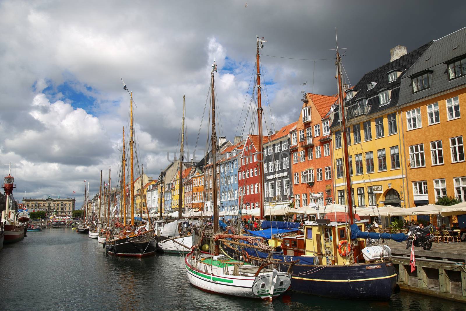 COPENHAGEN, DENMARK - AUGUST 14, 2016: Boats in the docks Nyhavn by vladacanon