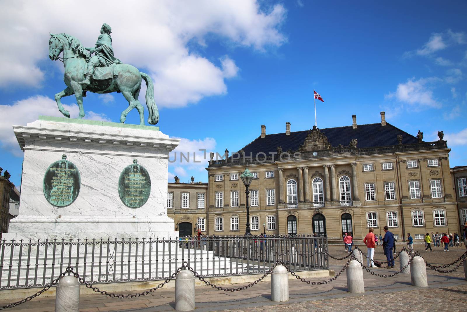 Copenhagen, Denmark – August  15, 2016: Sculpture of Frederik V on Horseback in Amalienborg Square, it's home of the Danish Royal family in Copenhagen, Denmark