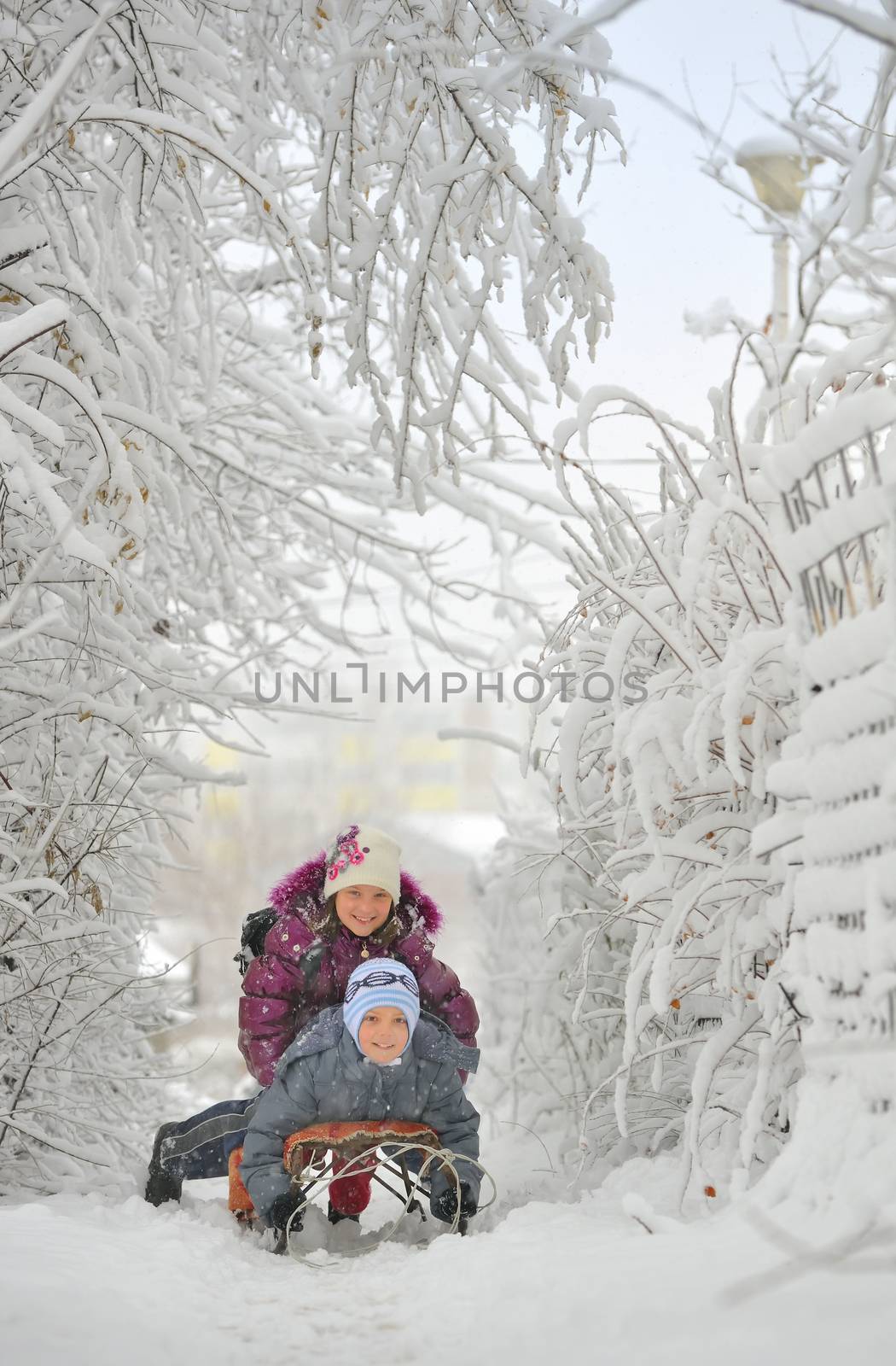 Two cute kids riding sled  by mady70