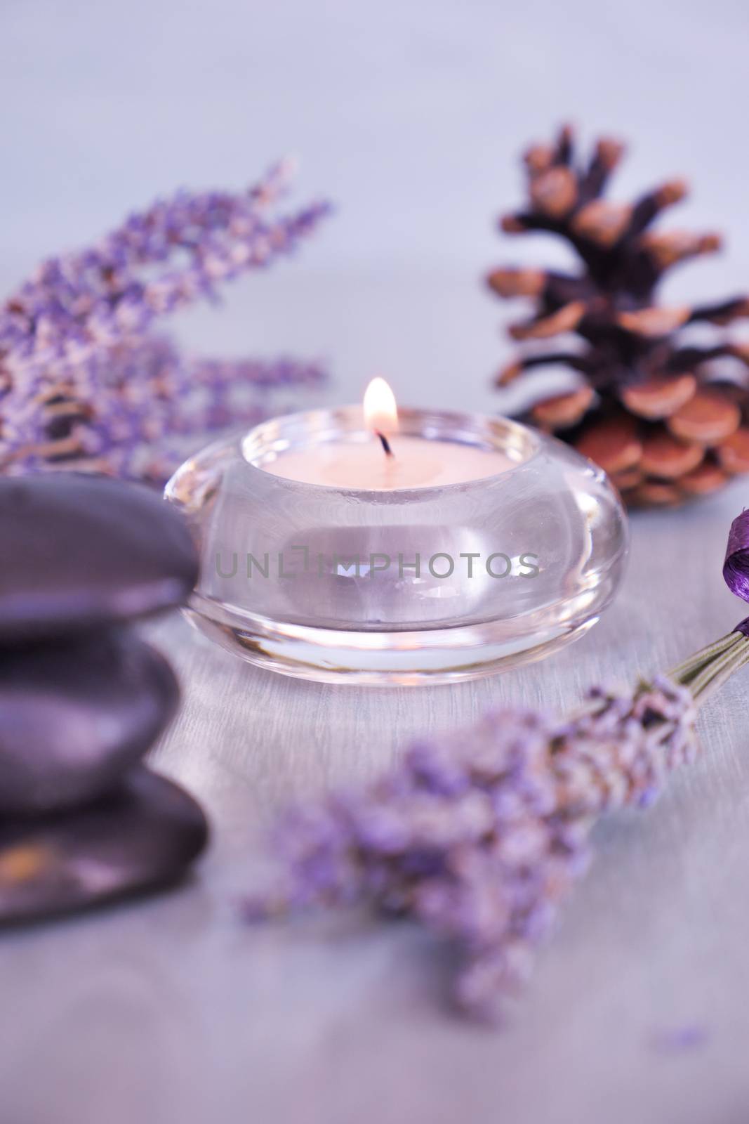 Candles with lavender flowers on table, France, Europe