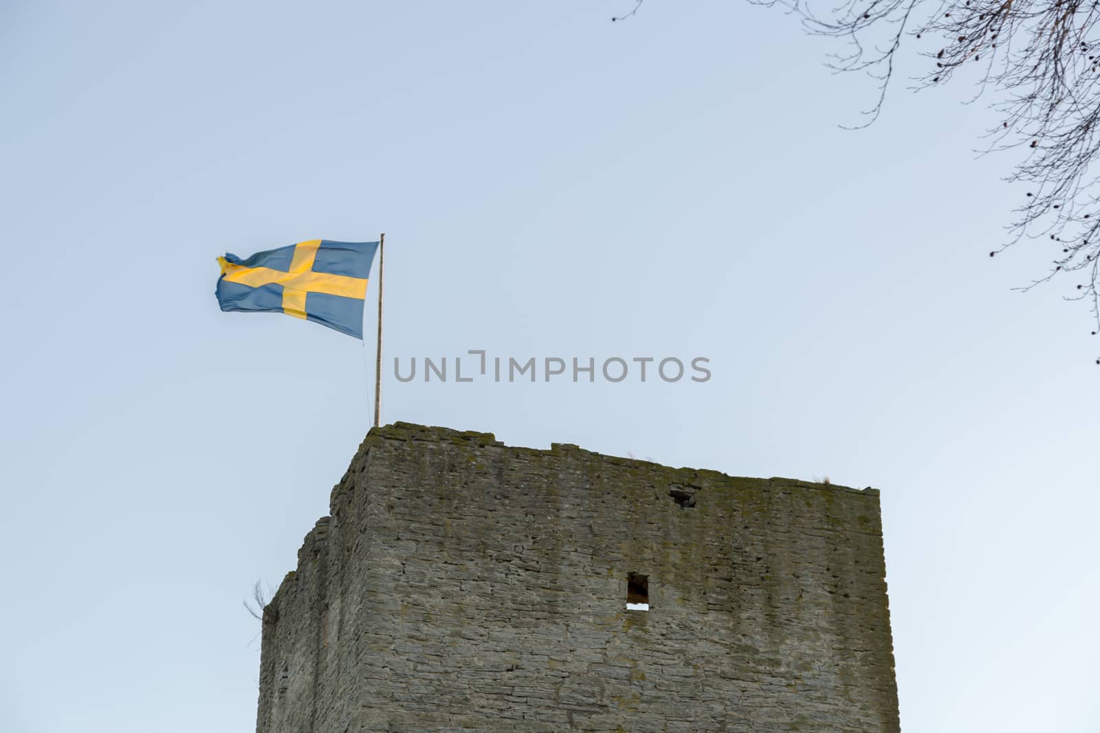 Swedish Flag on Visby Town Wall in Gotland, Sweden.