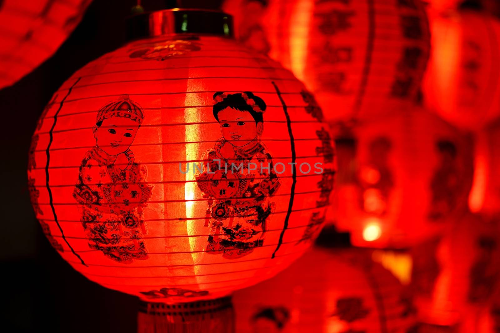 Close up on the red Chinese red lanterns display Chinese kid and word for background