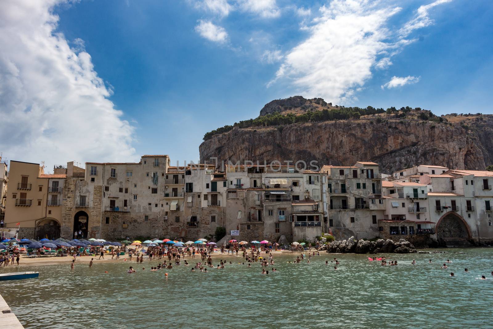 Panorama of the beautiful city of Cefalu, Sicily, Italy, with its famous beach.