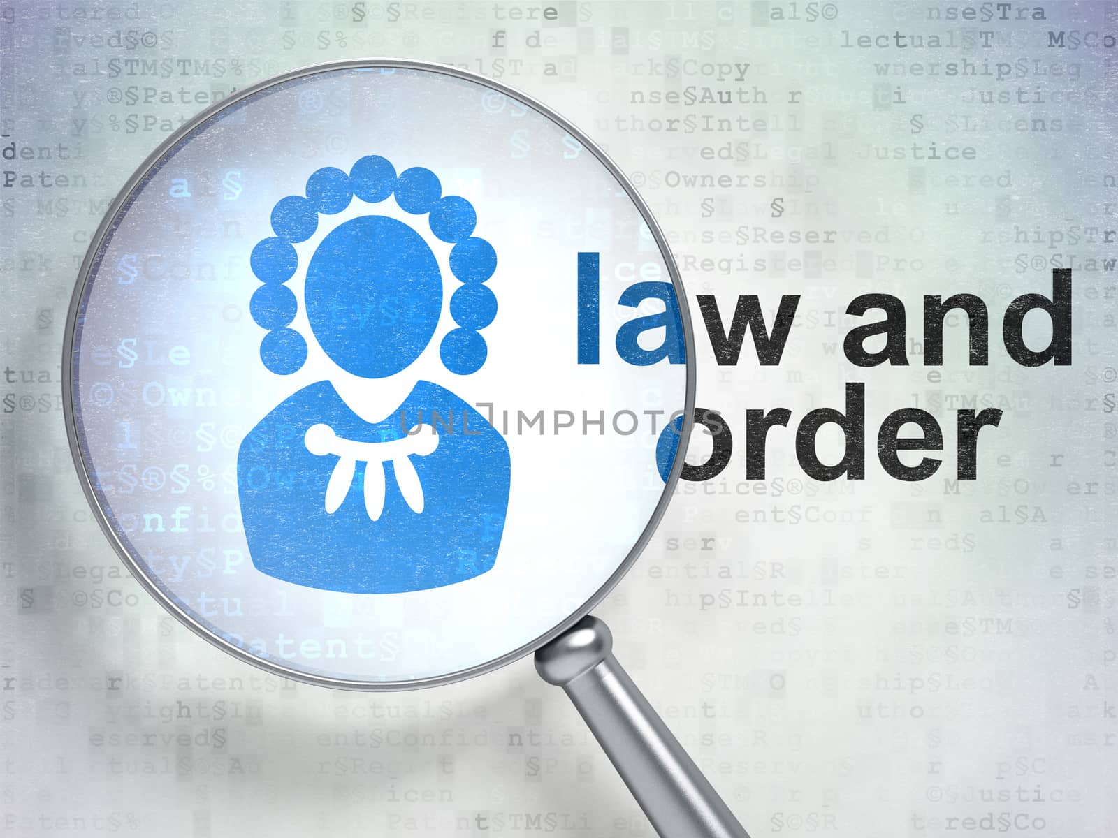 Law concept: magnifying optical glass with Judge icon and Law And Order word on digital background, 3D rendering