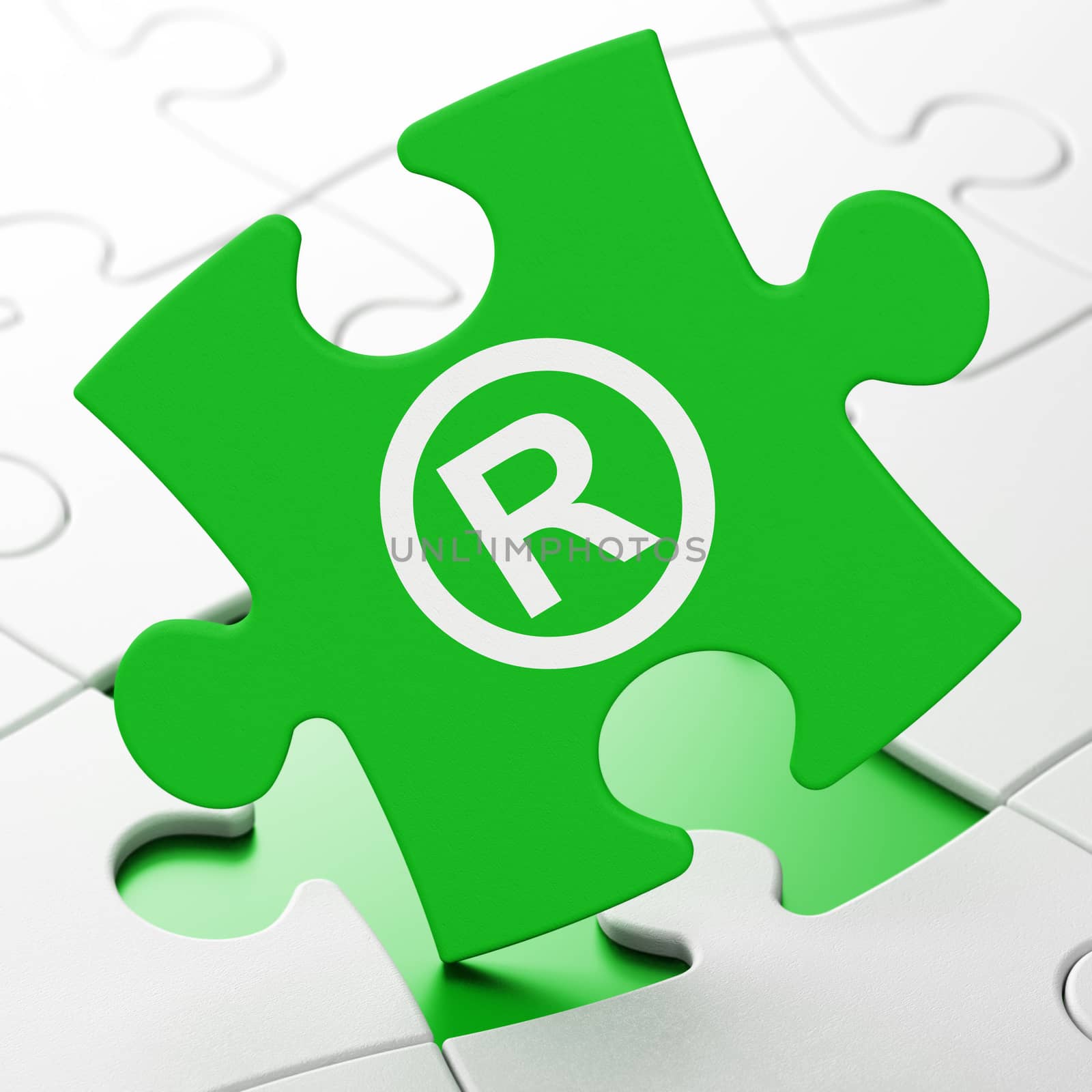 Law concept: Registered on Green puzzle pieces background, 3D rendering
