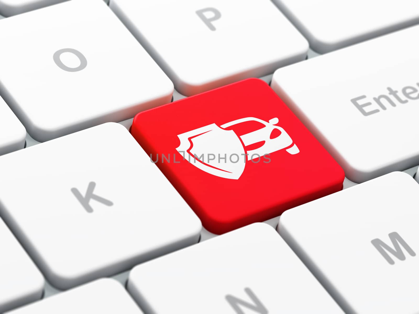 Insurance concept: computer keyboard with Car And Shield icon on enter button background, selected focus, 3D rendering