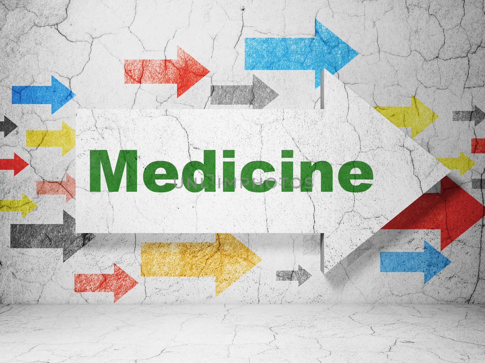 Medicine concept:  arrow with Medicine on grunge textured concrete wall background, 3D rendering
