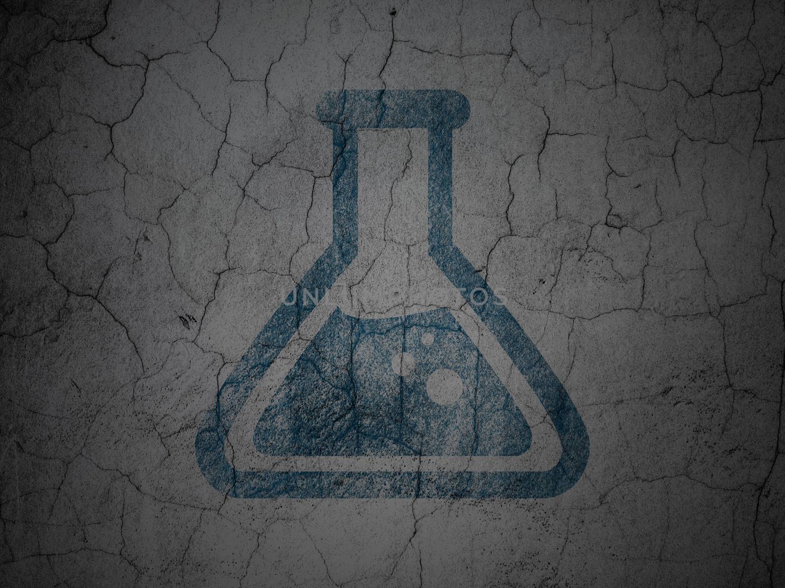 Science concept: Blue Flask on grunge textured concrete wall background