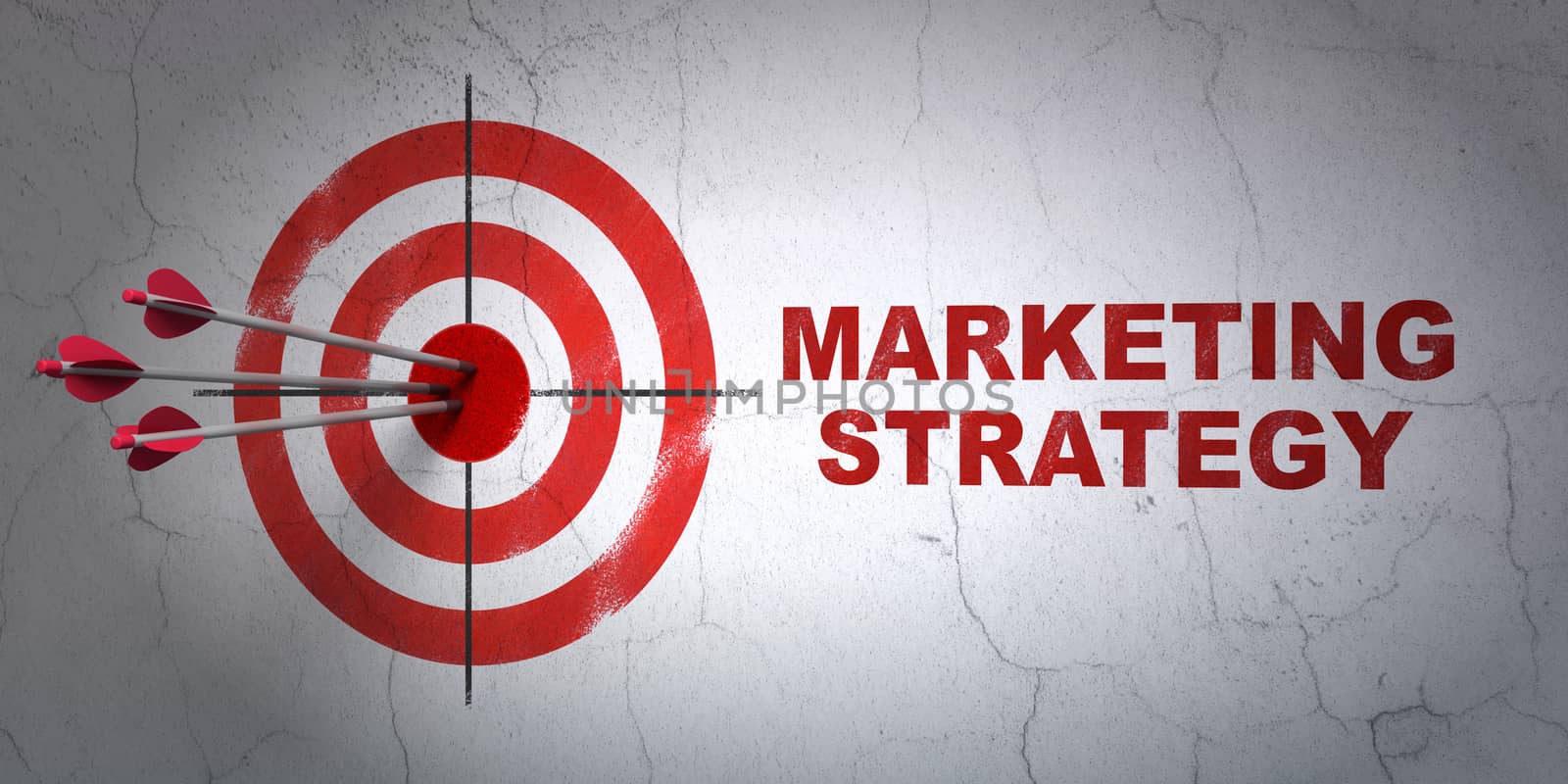 Success advertising concept: arrows hitting the center of target, Red Marketing Strategy on wall background, 3D rendering