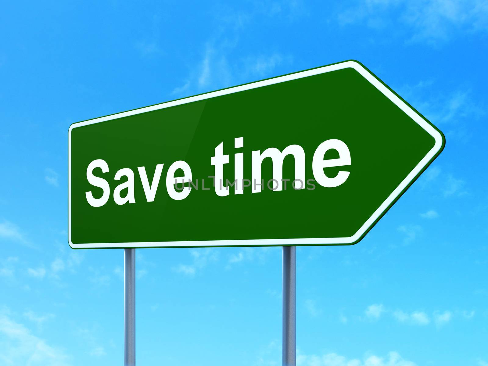 Time concept: Save Time on green road highway sign, clear blue sky background, 3D rendering