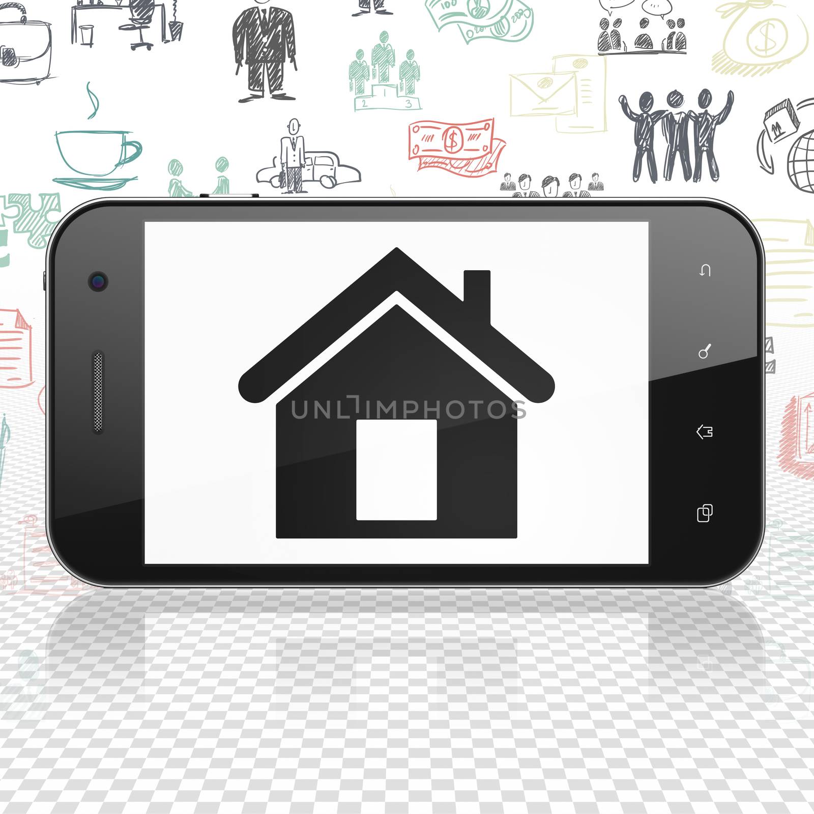 Finance concept: Smartphone with  black Home icon on display,  Hand Drawn Business Icons background, 3D rendering