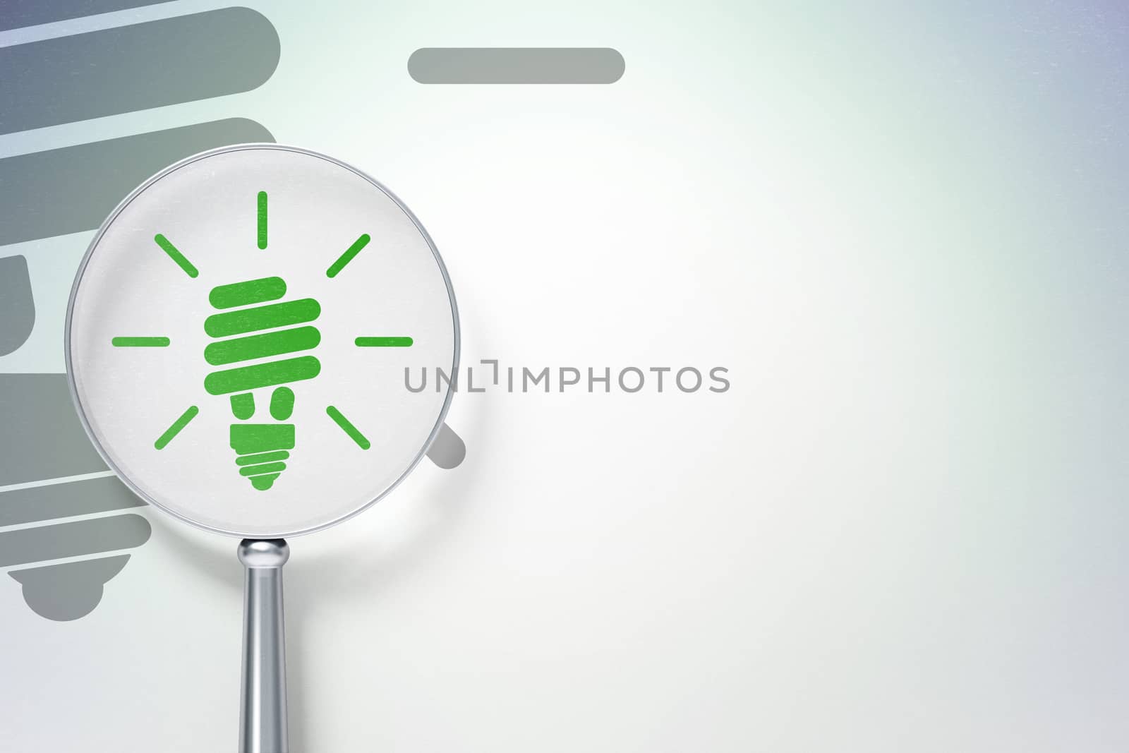 Finance concept: magnifying optical glass with Energy Saving Lamp icon on digital background, empty copyspace for card, text, advertising, 3D rendering