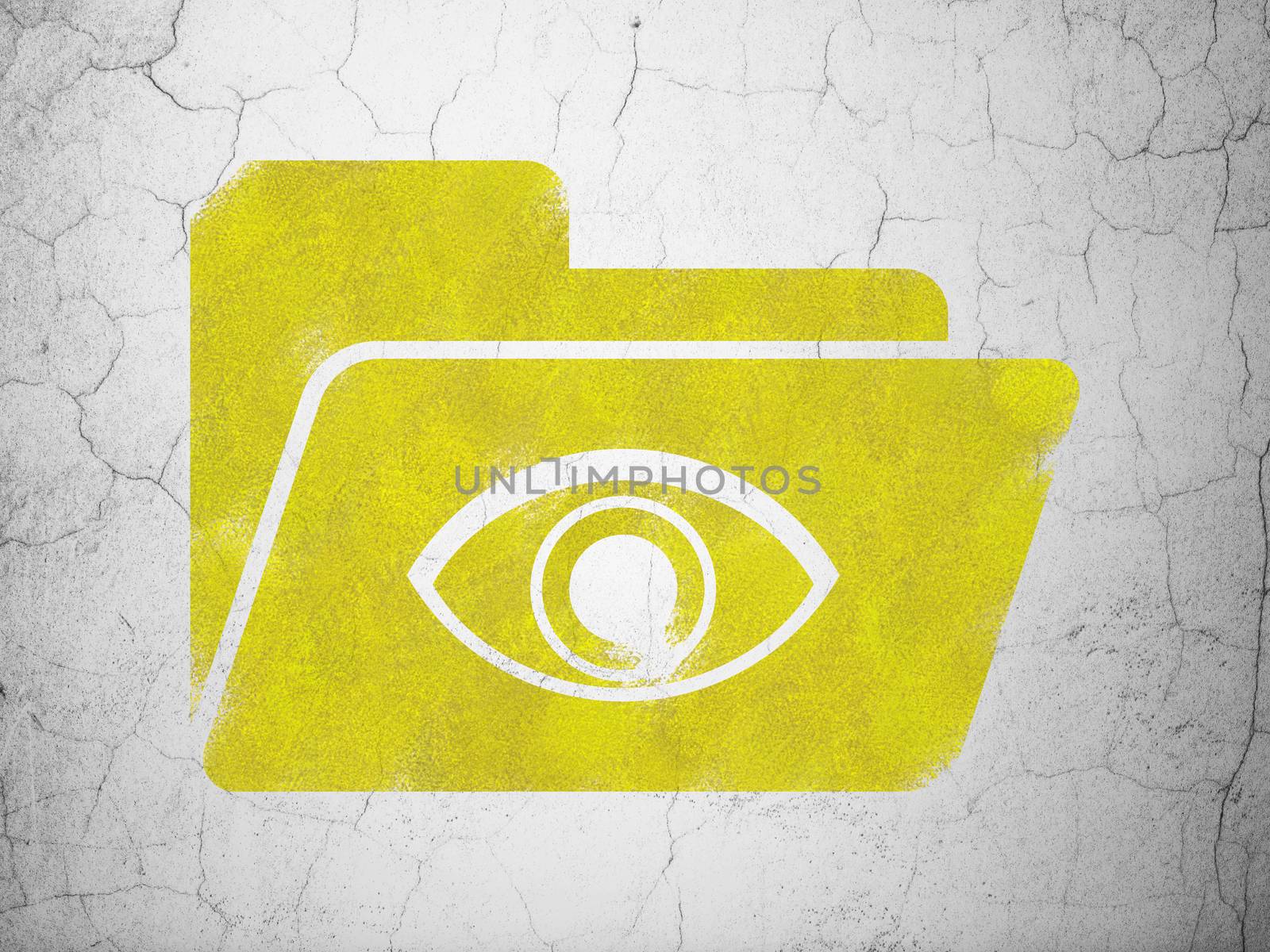 Finance concept: Yellow Folder With Eye on textured concrete wall background