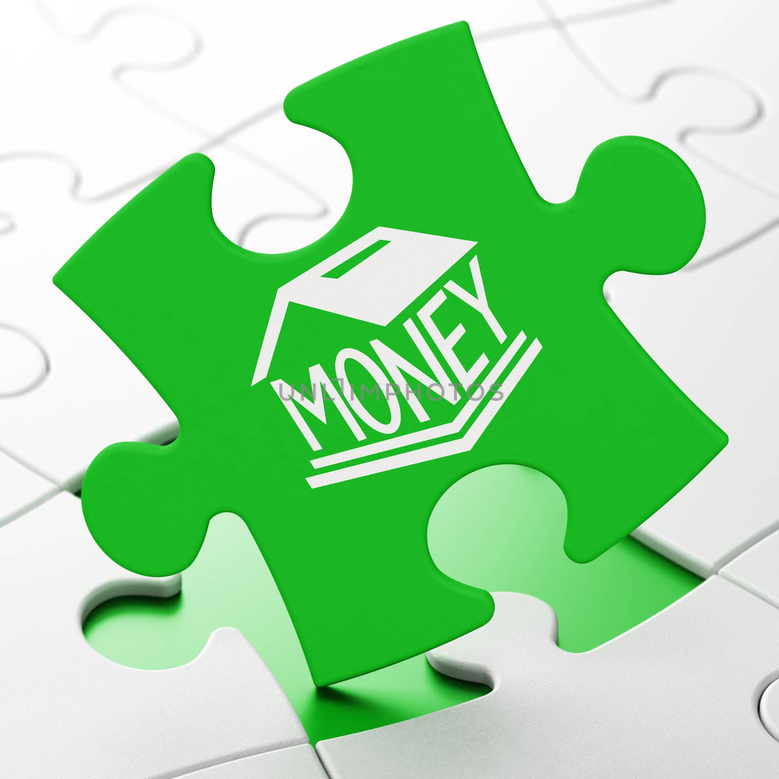 Banking concept: Money Box on Green puzzle pieces background, 3D rendering