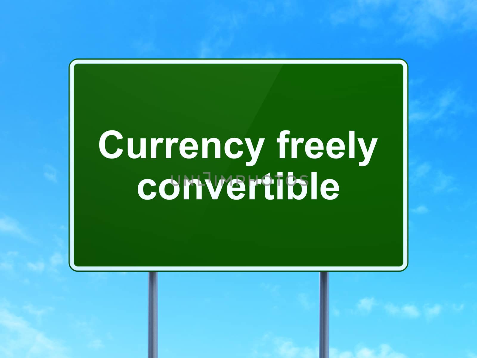 Money concept: Currency freely Convertible on green road highway sign, clear blue sky background, 3D rendering
