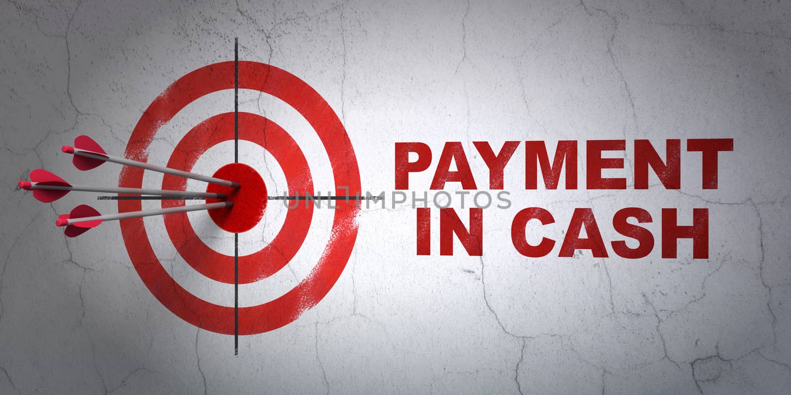 Success banking concept: arrows hitting the center of target, Red Payment In Cash on wall background, 3D rendering