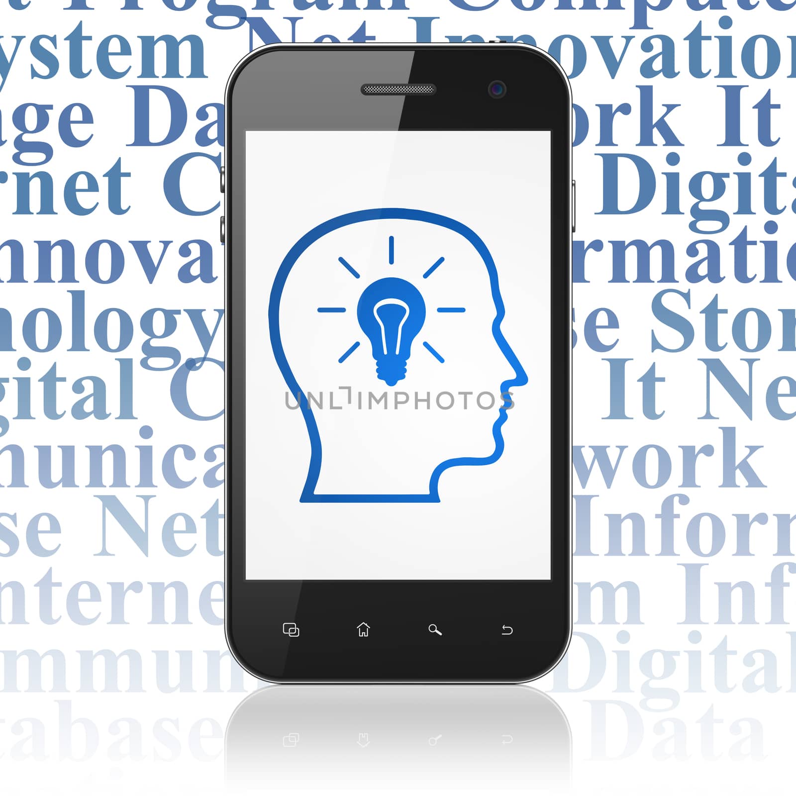 Information concept: Smartphone with  blue Head With Lightbulb icon on display,  Tag Cloud background, 3D rendering