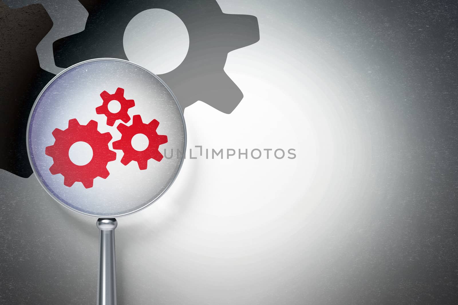 Data concept:  Gears with optical glass on digital background by maxkabakov