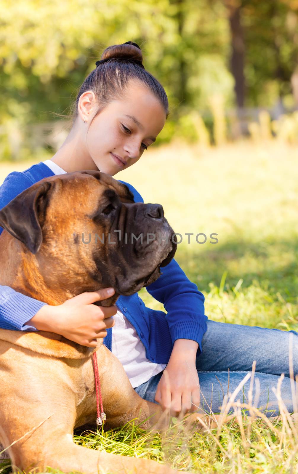 teen girl with the dog Bullmastiff outdoors