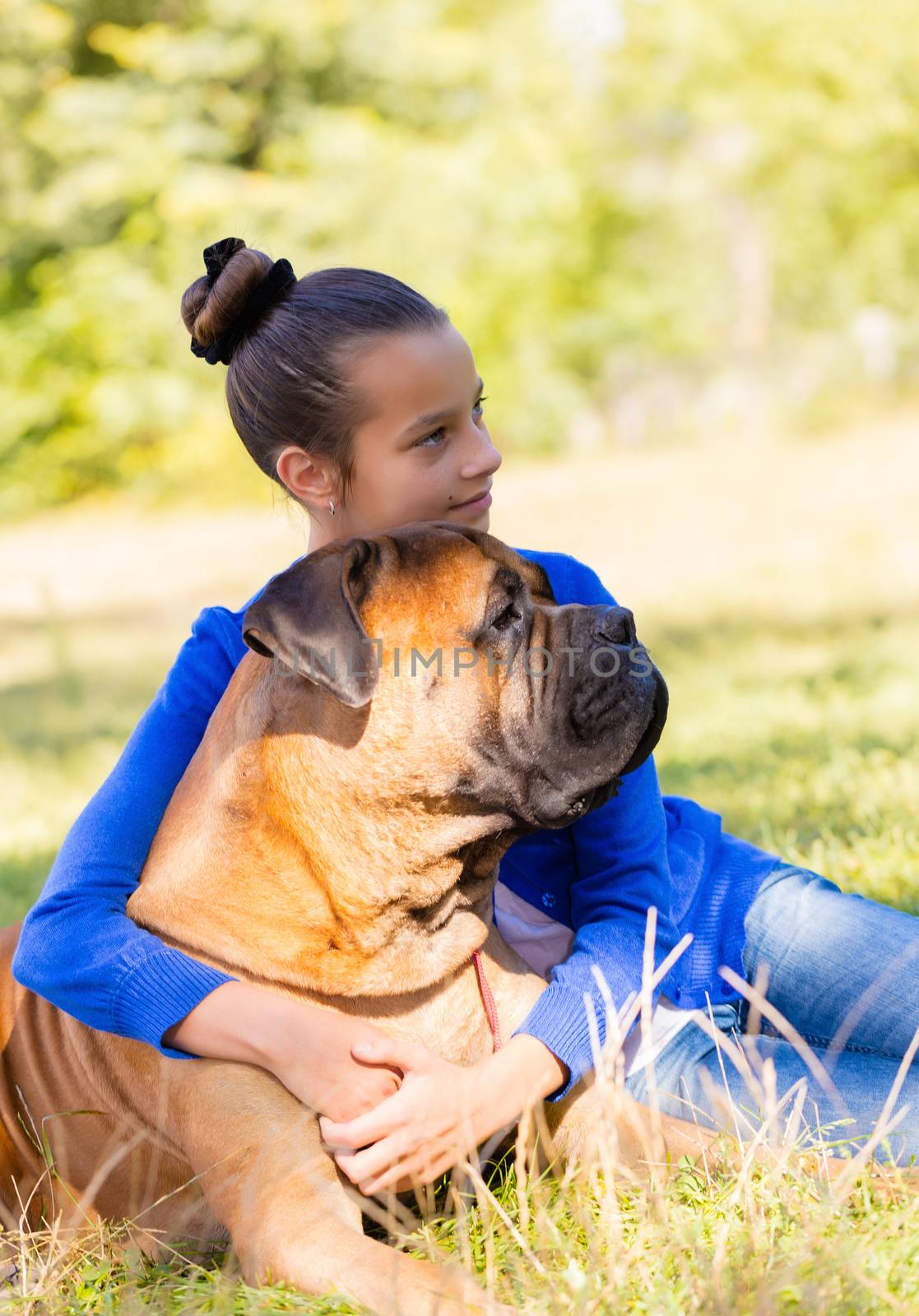 teen girl with the dog Bullmastiff outdoors