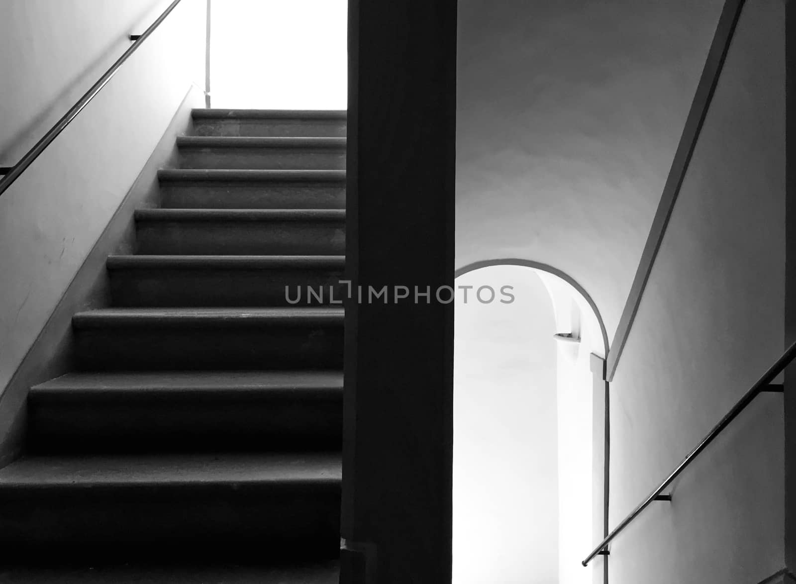 central view of a staircase in black and white