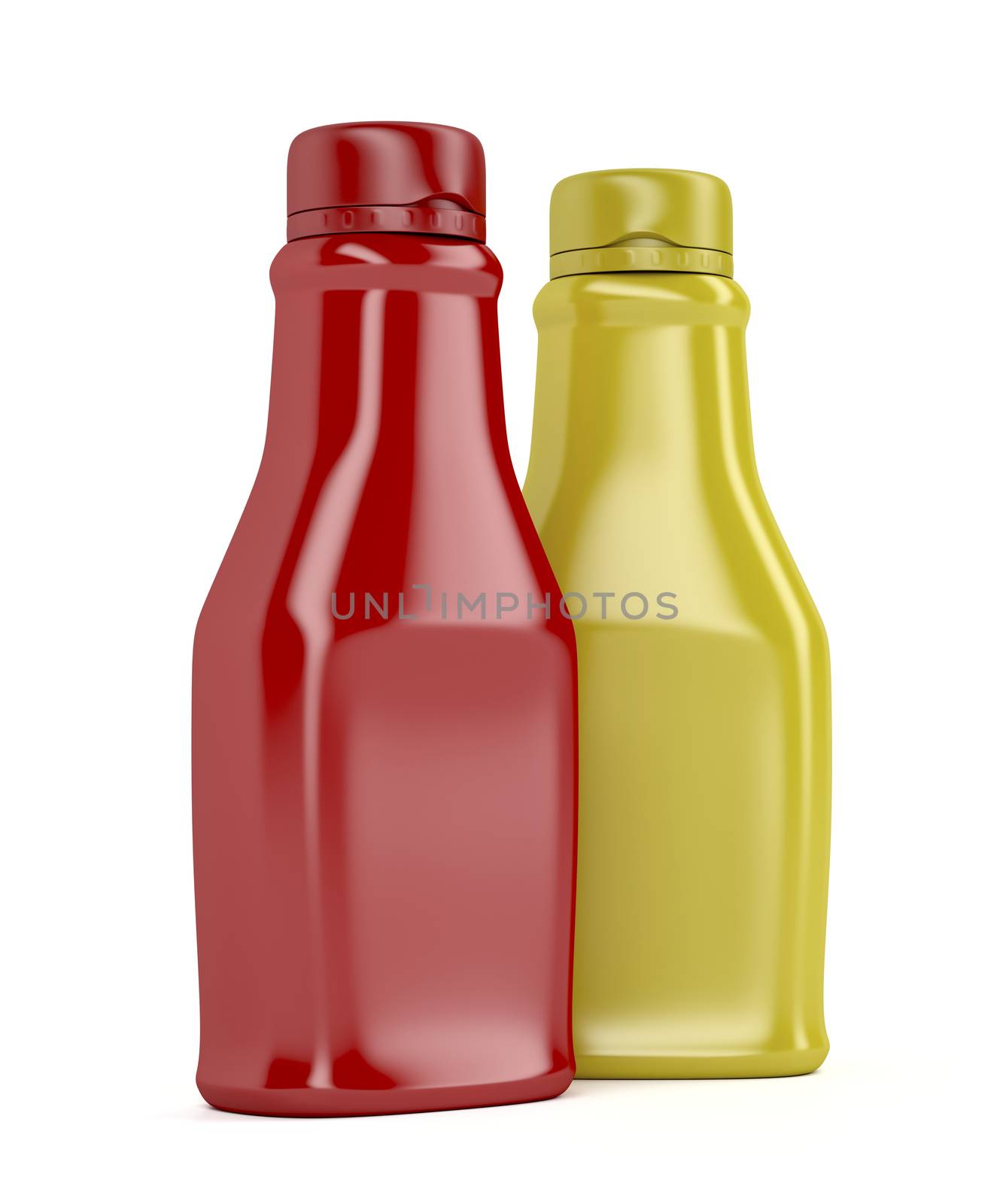 Ketchup and mustard bottles on white background