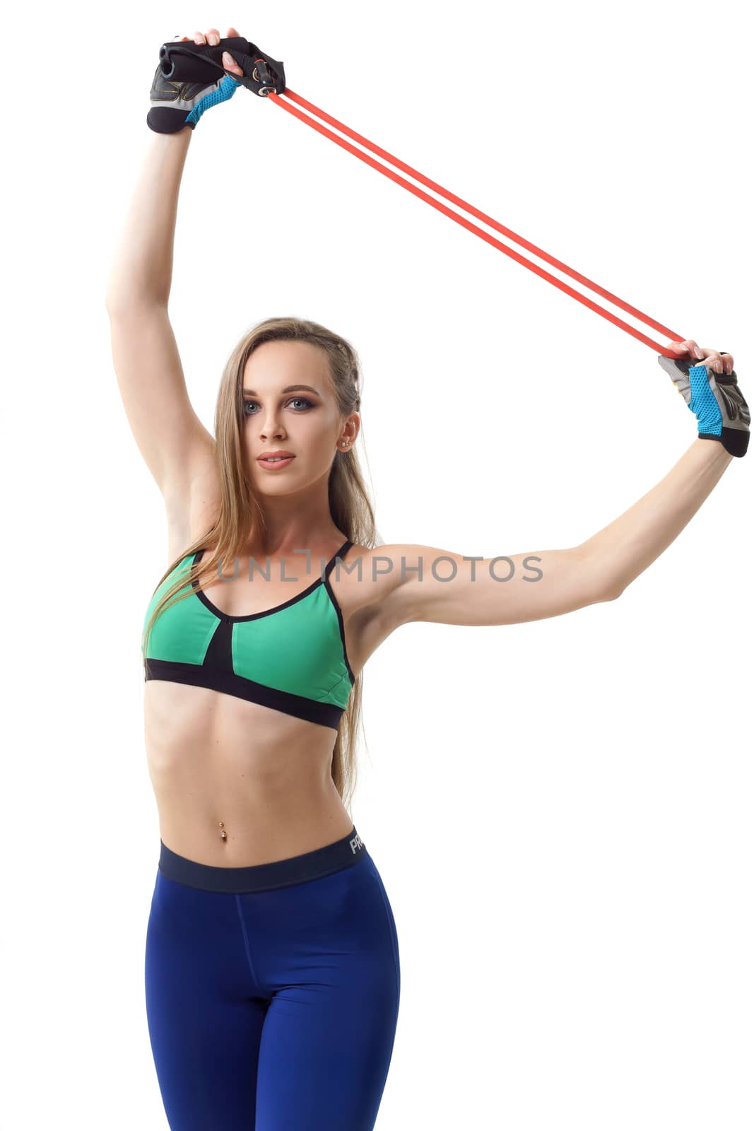 woman trainer working out with fit tube isolated on white by mrakor