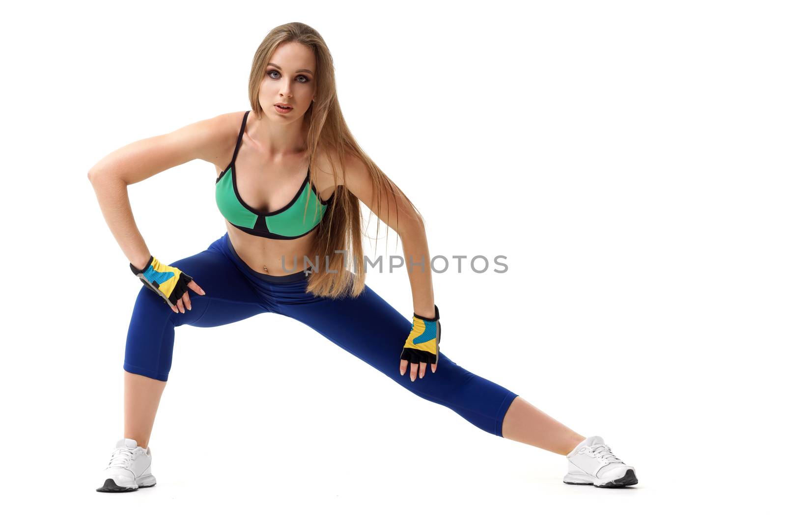 Concepts: healthy lifestyle, sport. Happy beautiful woman fitness trainer working out isolated on white background