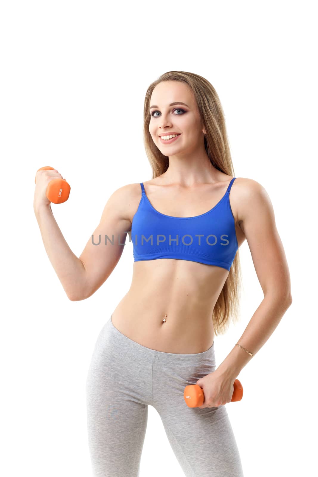 Concepts: healthy lifestyle, sport. Happy beautiful woman fitness trainer working out with small dumbbells isolated on white background