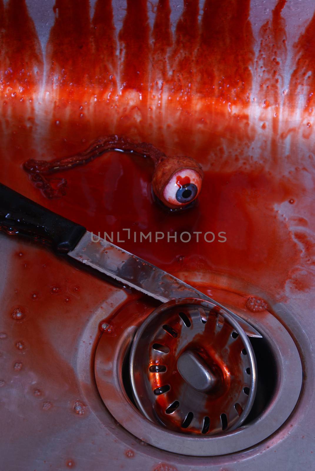 A closeup of a murder scene focused on the kitchen sink area.