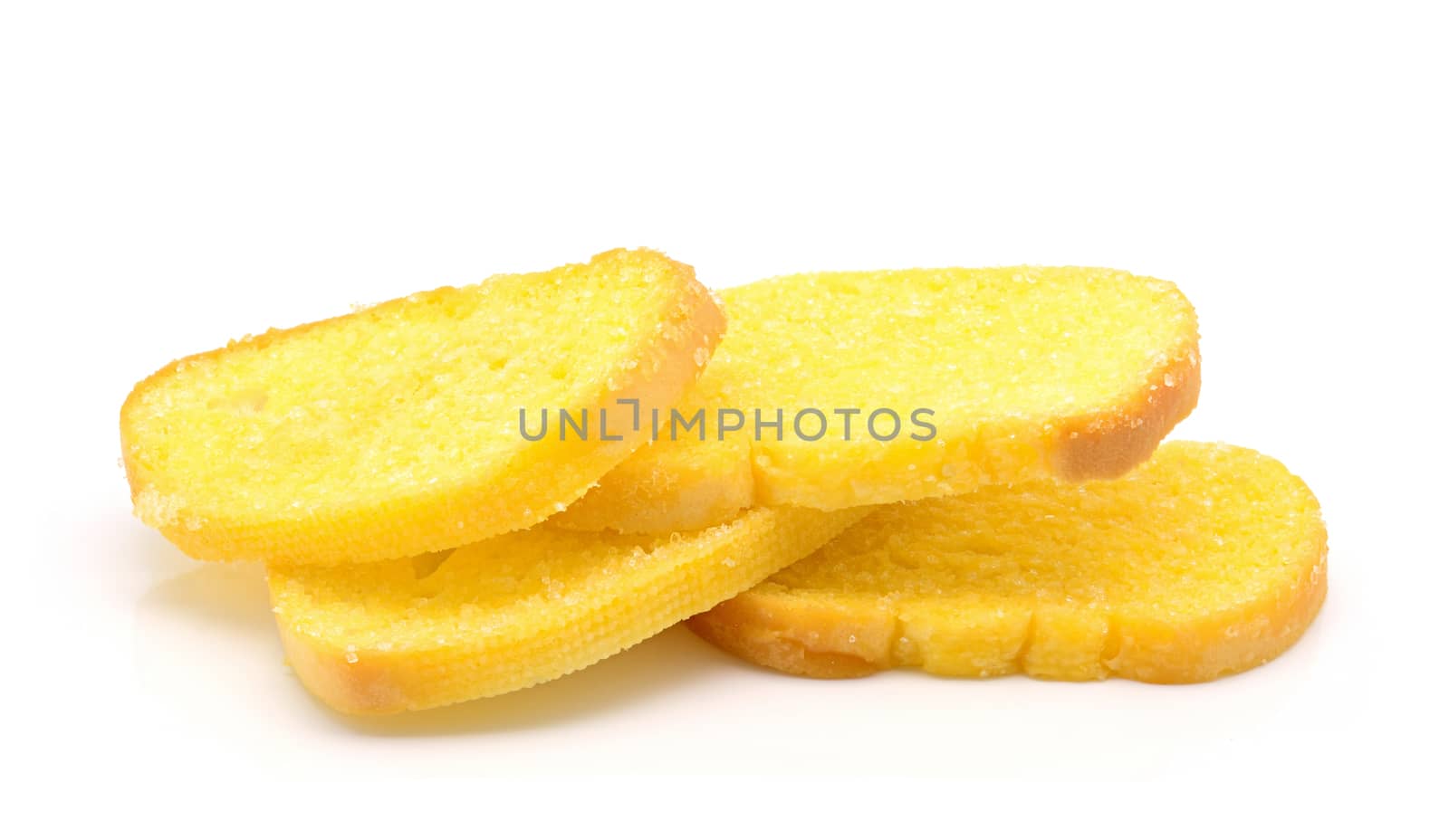 Crispy bread butter with sugar on white background