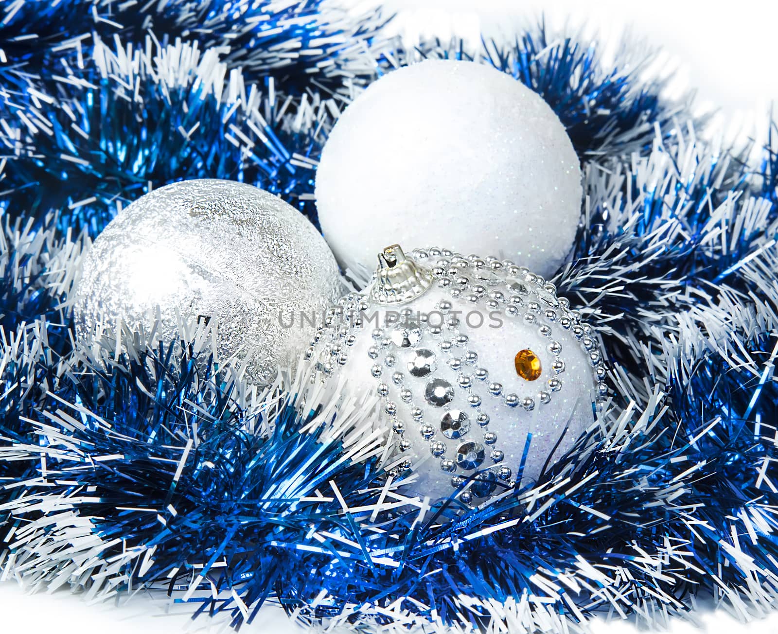 Christmas blue tinsel and white with silver glitter balls decoration