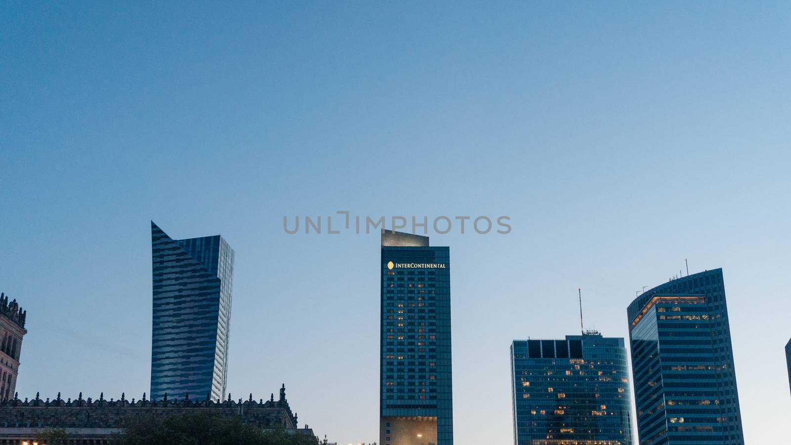 POLAND, KRAKOW - SEP 02, 2016: Intercontinental hotel in Warsaw, the highest hotel in Poland and third highest in Europe, on September, 2016. Well-known for a unique empty space in the structure.