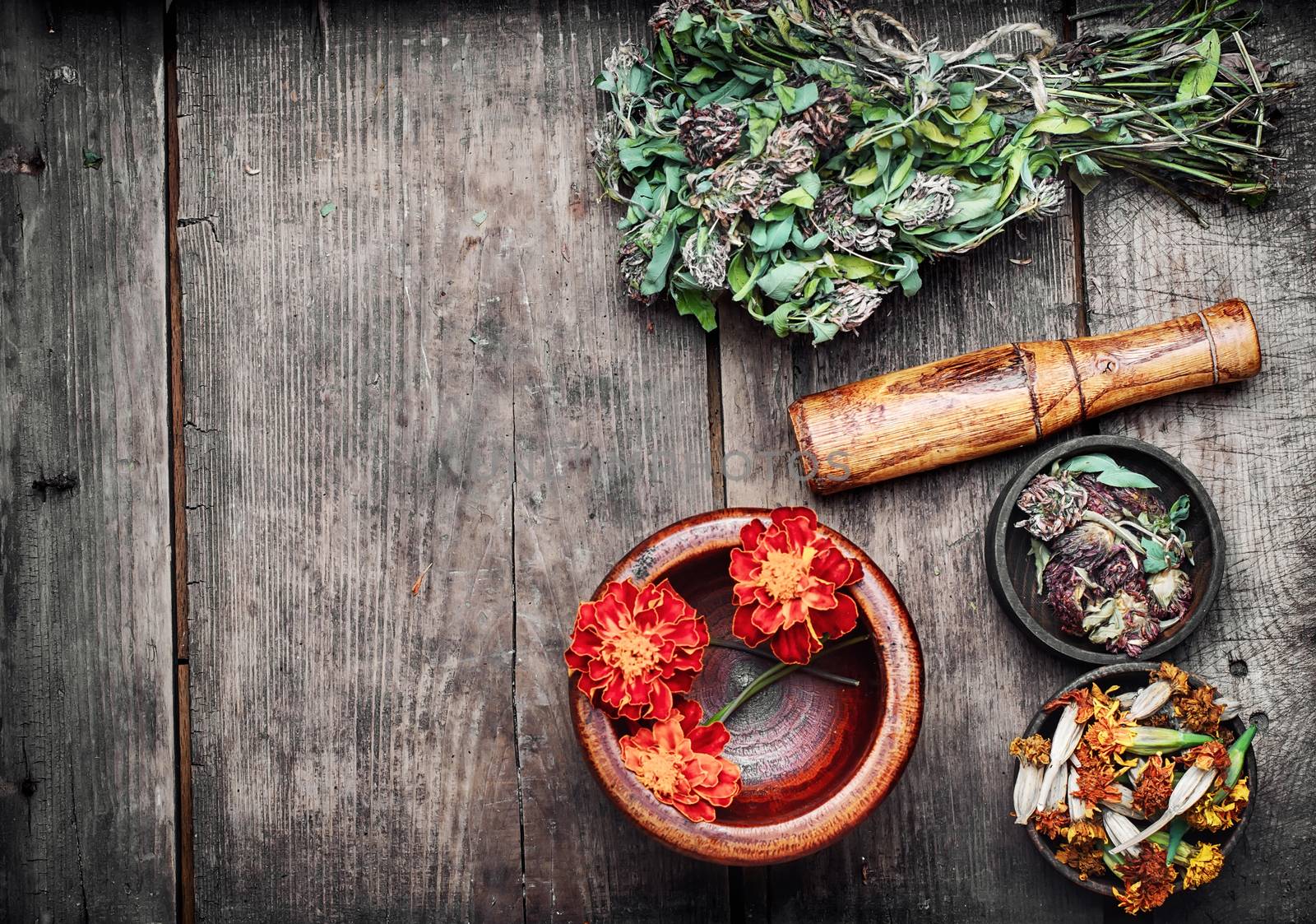 Mortar with healing flowers, plant marigolds and pestle