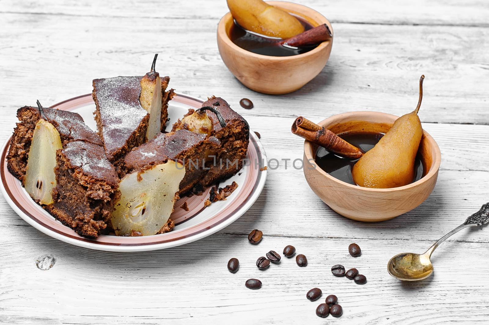 Coffee pastry pie with autumn pears and coffee with spices