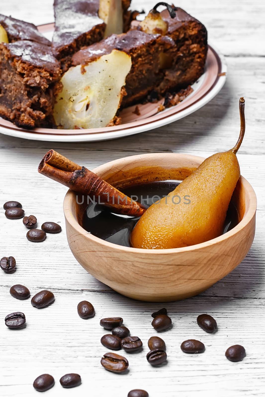 Coffee pastry pie with autumn pears and coffee with spices