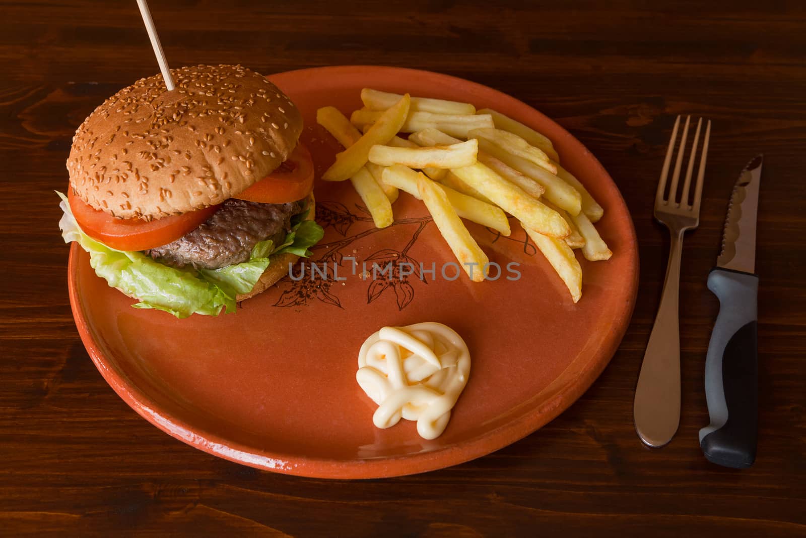 Hamburger with salad and tomatoes matched by fried potatoes and mayonnaise on an earthenware plate over a table