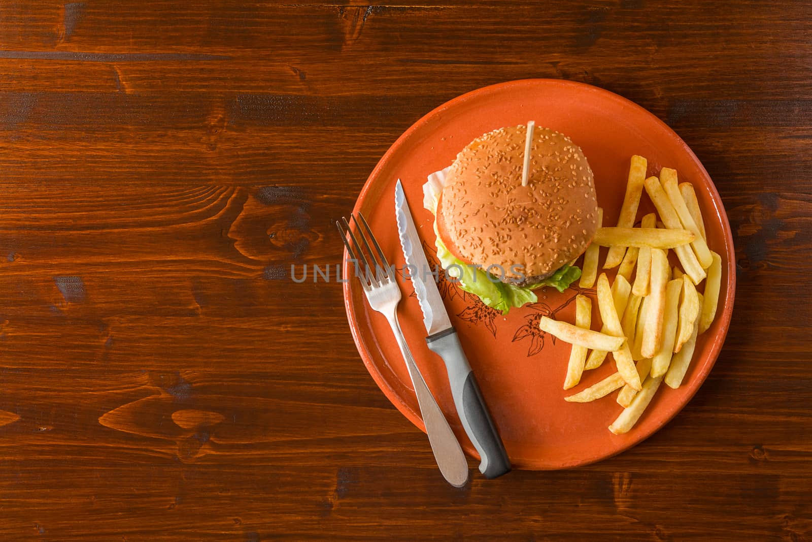 Hamburger with salad and tomatoes matched by fried potatoes on a table seen from above