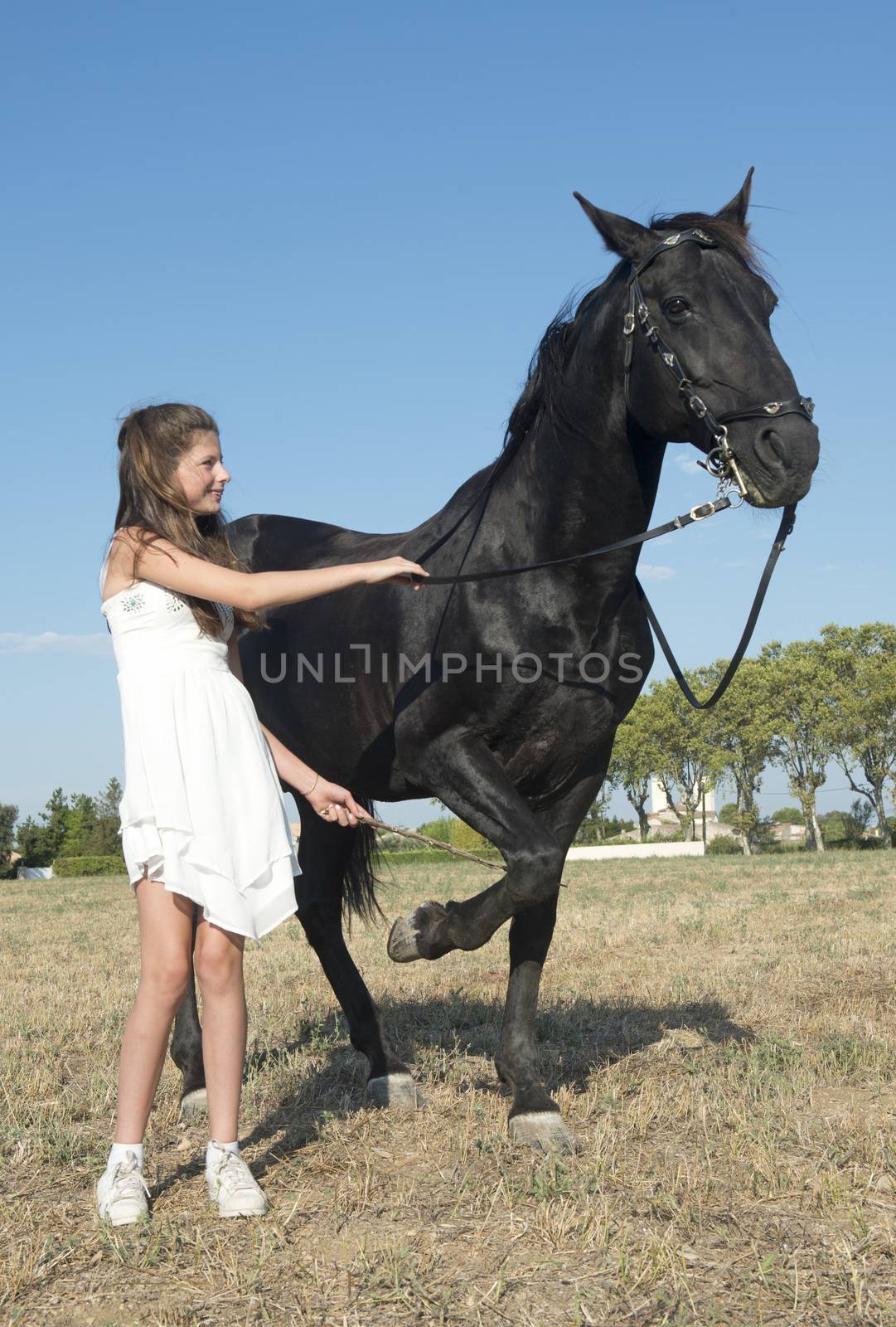 young girl riding a black stallion in a field
