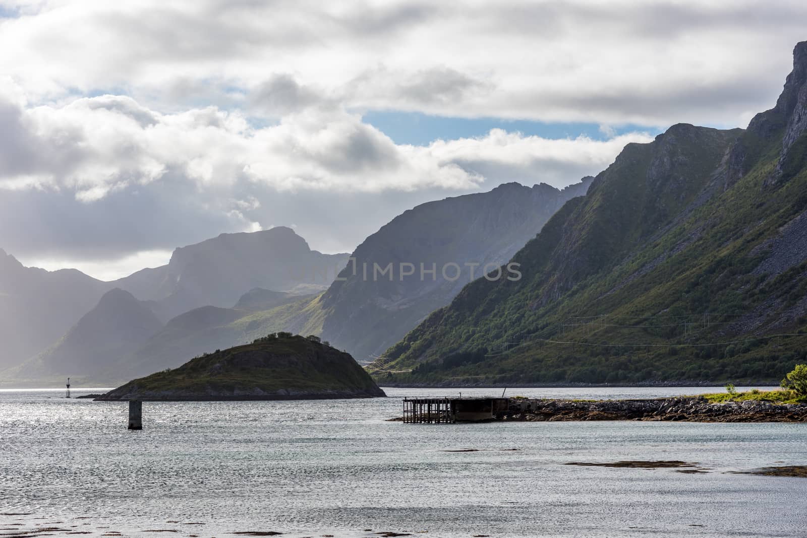 Dramatic summer landscape with sharp mountain peaks in Norway.