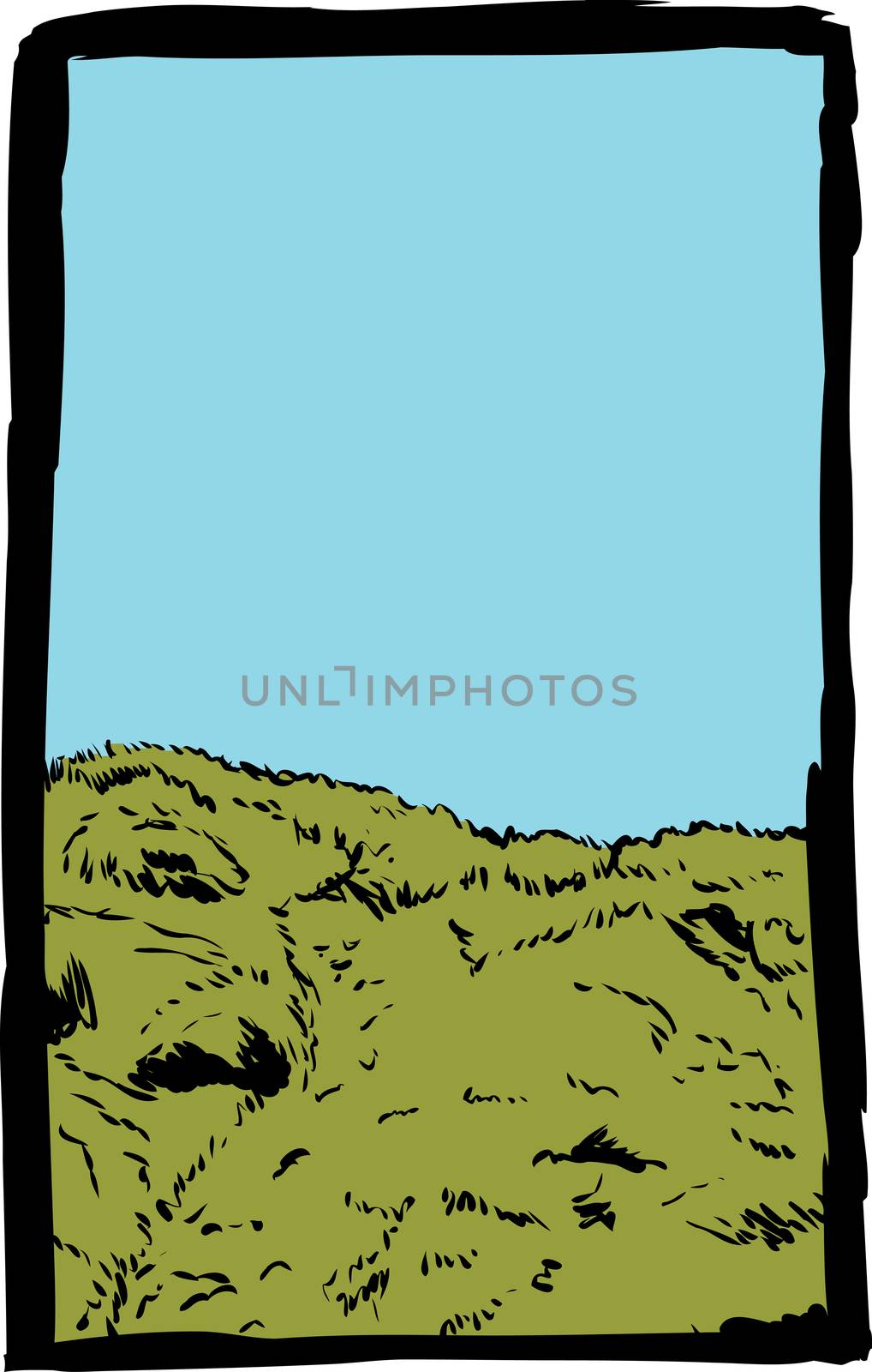 Hand drawn sketch of mossy hill with blue sky background for copy space