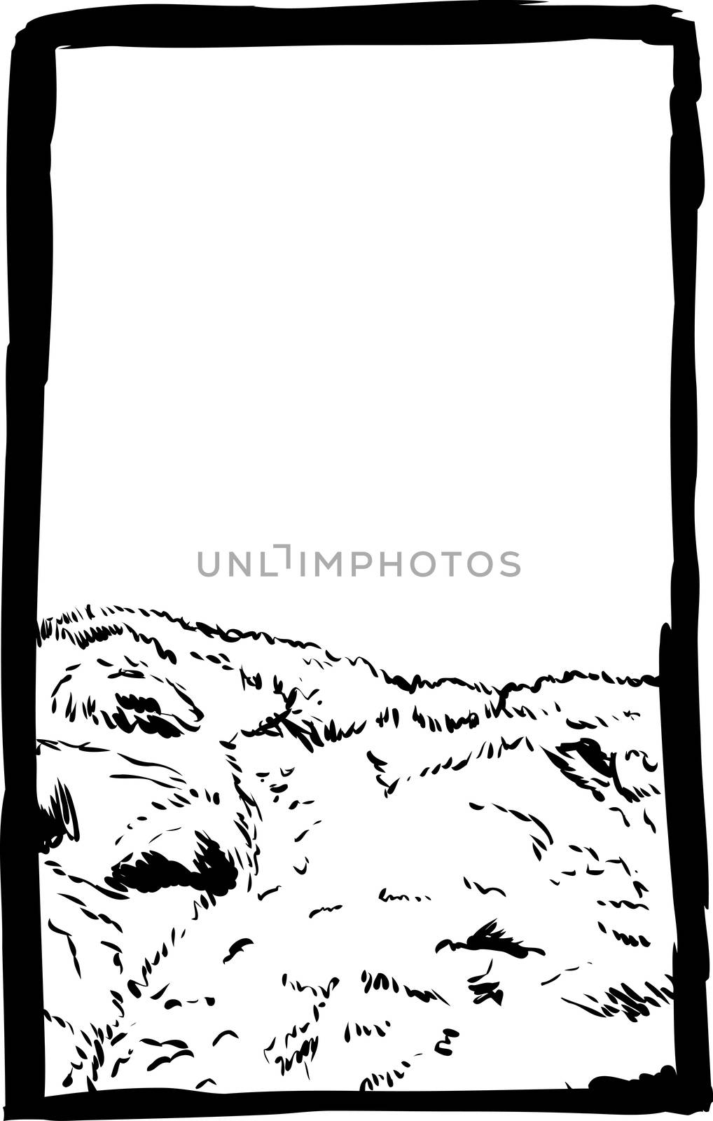 Outlined sketch of mossy hill with copy space and grunge borders