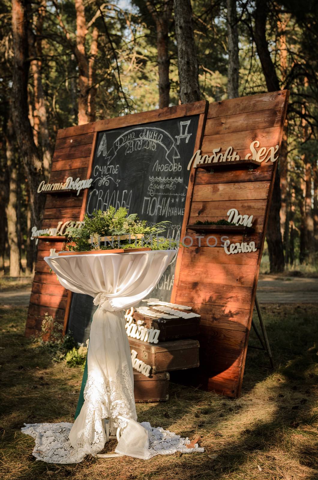 wedding ceremony in the woods among the trees on the green track