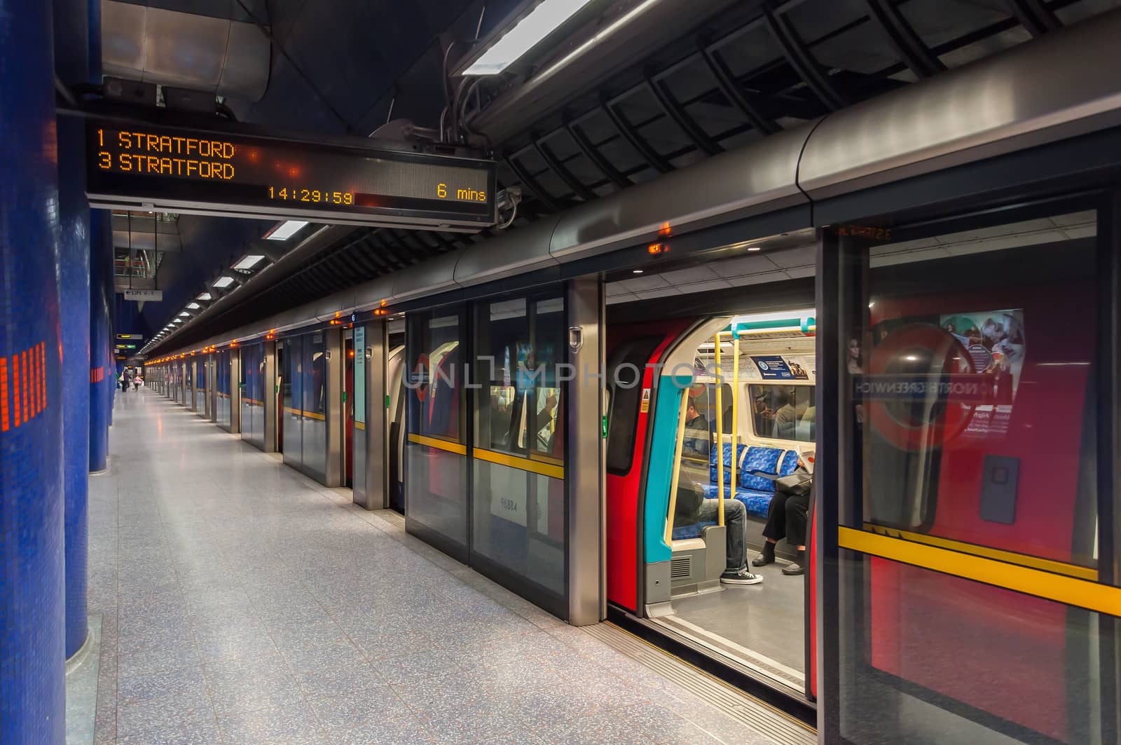 LONDON, UNITED KINGDOM - NOVEMBER 8, 2014: Jubilee line train at modern North Greenwich station. The Jubilee line is the newest line on the network.